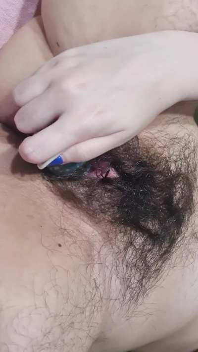 fucking my tight hairy pussy with a cucumber for the first time 