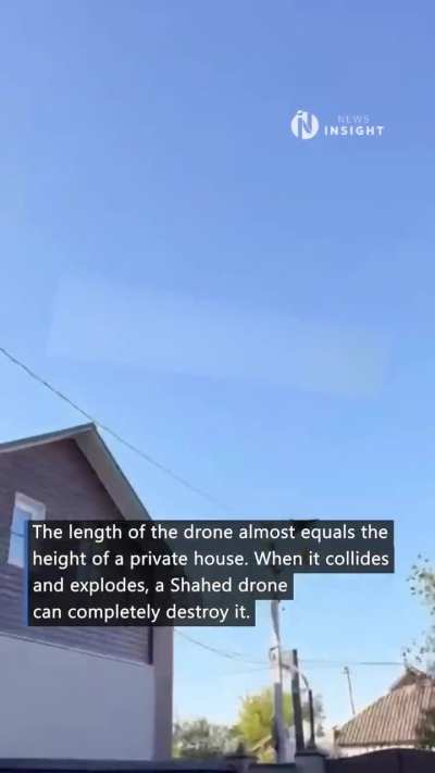 Ukrainians showed the size of a nearly undamaged Shahed drone used by Russia. The drone's length equals the height of a private house and can destroy it on impact. Ukrainian air defenses repel daily attacks, but Russia still uses foreign components in its