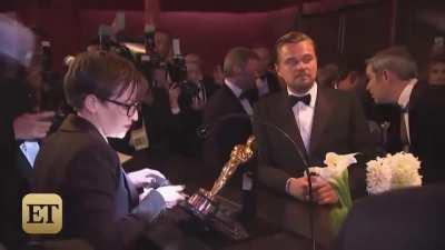 Leonardo DiCaprio's reaction to getting his Oscar engraved