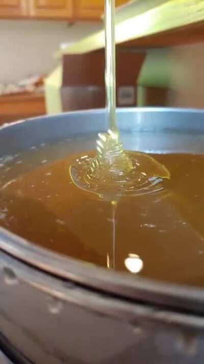 Pouring honey to be strained and bottled!