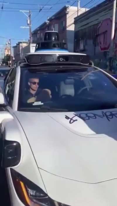 Man clutches dog as autonomous-car is graffiti in San Fran