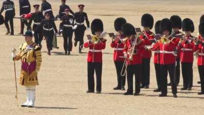 A Royal Guard trying to continue playing after fainting, while another is stretched off in the background... UK's hottest day of the year so far