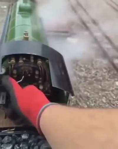 Guy riding a tiny charcoal train