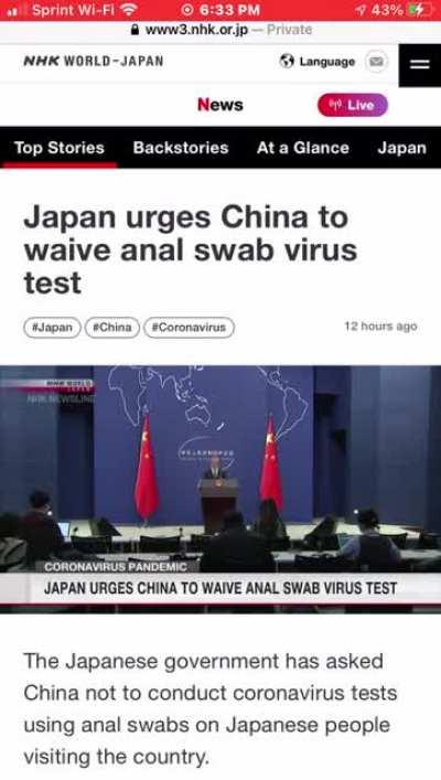 Japan asks China don’t take PCR tests from the anus. 😳 Who wants to go to China?