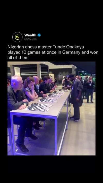 Nigerian chess master Tunde Onakoya played 10 games at once in Germany and won all of those games.