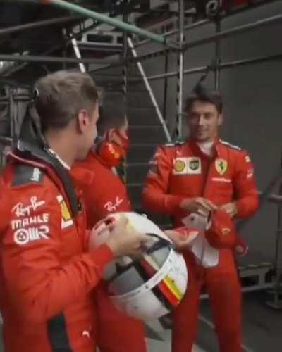 Seb and Charles smiling at each other after the qualifying