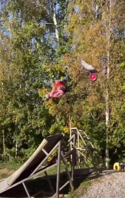 Man on Rollerblades makes a double flip with his wheelbarrow