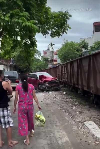 A man left his car partially on the railway, causing significant damage when it was struck.