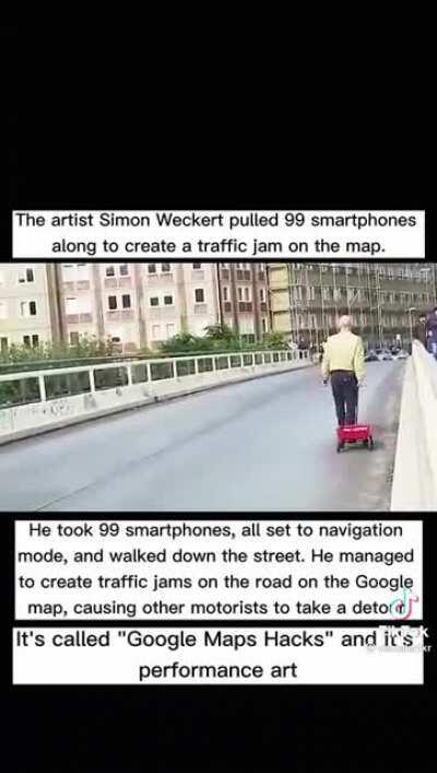 Legend, Demon or Legendary Demon? Performance artist loads 100 cell phones into a red wagon and creates a moving virtual roadblock that detours everyone using Google maps around him.