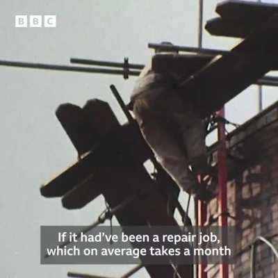 Steeplejack Fred Dibnah single-handedly demolishes a massive chimney stack, brick by brick, from the top down 1979.