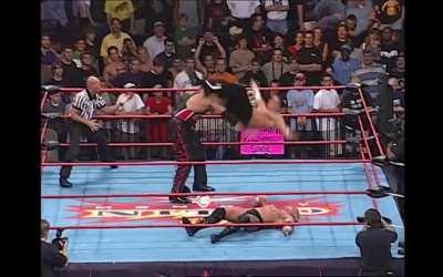 During the main event of a Nitro in 2000, this gauntlet match features Kevin Nash beating 5 wrestlers consecutively in the span of a minute and pins them without even covering.