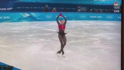 15-yr old Russian figure skater Kamila Valieva landing first ever quad at the Olympics (slo mo)