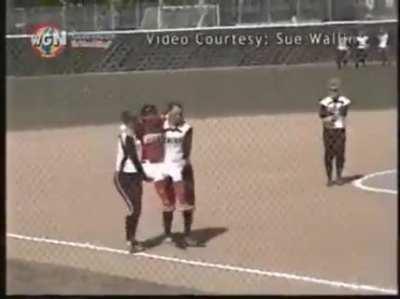 College senior hits her first-ever home run but tears her ACL rounding 1st base. Rules don't allow her teammates to help her without being called out, so the opposing team helps her around the bases.