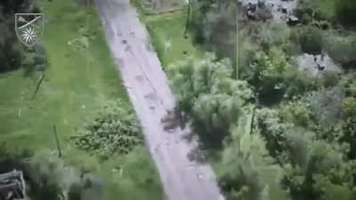 Aerial reconnaissance of the 66th Mechanized Brigade of Ukraine spotted Russian assault group in the bushes, dropped grenade and caused a panic, which lead the Russians to abandon their cover and get gunned down by Ukrainian small arms fire. Lyman directi