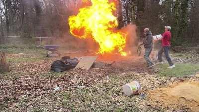 Demonstrating the explosive characteristics of fine saw dust. DON’T TRY THIS AT HOME!