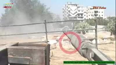 FSA soldier fires at SAA tank from close range with rifle, tank returns fire, 2018