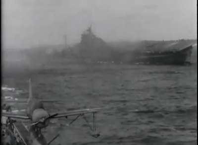 Saving the USS Franklin CV-13. Hit by two bombs, March 1945 with 800 men killed. Cruiser Pittsburg comes alongside to take off unessential personnel. Pulls away during a Japanese air attack but is finally able to tow Franklin safely out of the combat area