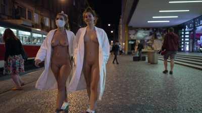 [/r/BralessForever] Wearing only their bathrobes in public