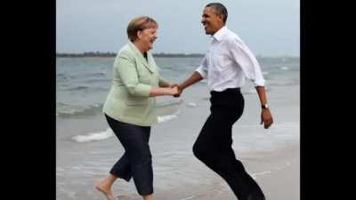 Obama &amp;amp; merkel chilling at the beach(AI generated)