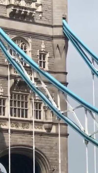 Guy stops the use of the tower bridge to sunbathe