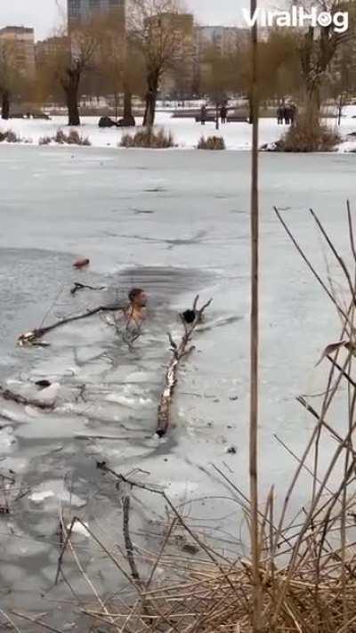 Man saves dog in chilling cold