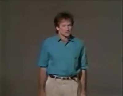 Robin Williams in an outtake for a commercial from 1980. He only had to read one line and instead he improvises for over 13 minutes... driving the director (Howard Storm) bonkers.