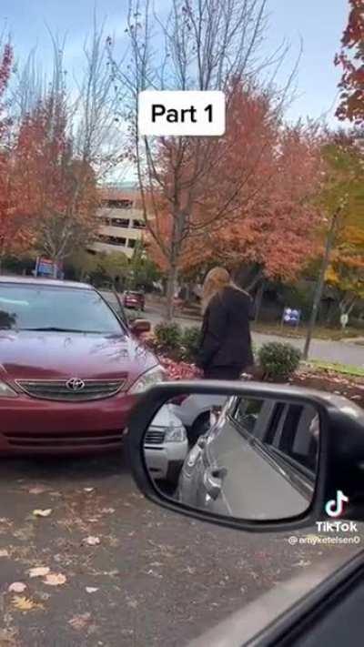 Woman refuses to move after entering a parking lot the wrong way