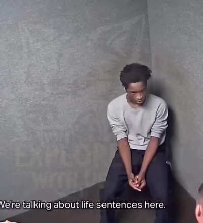 Guy snitches on his friend in the interrogation room. Police officer:  “We’re talking about life sentences here”. Suspect: “Tahj k_lled all three of them”. 