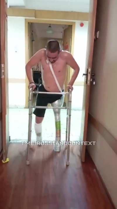 Russian military hospital. Homemade prostheses made of plastic bottles for a wounded soldier.