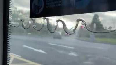 Water inside a bus window moving with the vibrations of the road/potholes