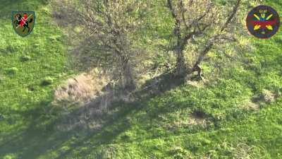 110 OMBr drone drops a couple grenades on a grouping of Russian soldiers near Avdiivka, observes as they administer aid