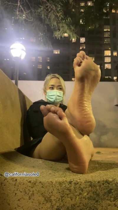 Nervous Asian gf reluctantly shows her feet in public after 10+ hours in stuffy work shoes