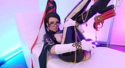 Bayonetta cosplayer rides cock sucks dildo gets cum shows off big tits