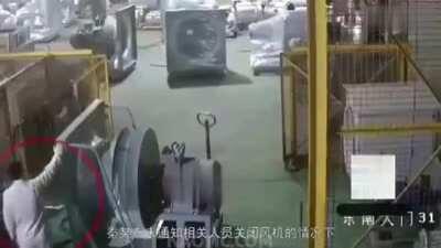 Worker gets sucked in and thrown out by an industrial fan. D or V?