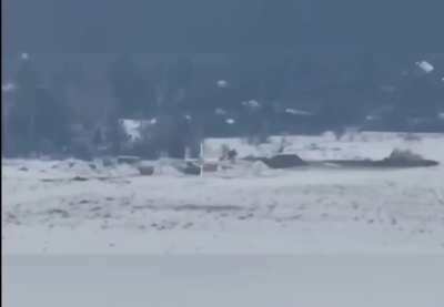 FPV attacks a Russian excavator digging trenches. Podivottia, Bryansk region. (09/12/2023)