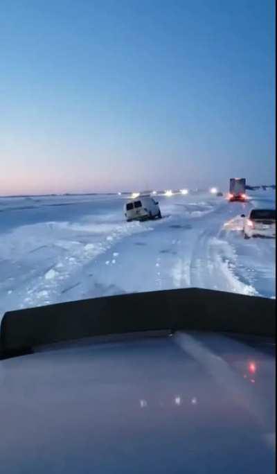 Driving a highway in Saskatchewan Canada the morning after it was closed in a blizzard.