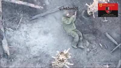 Russian soldiers burning after drone drops. Kupyansk direction.