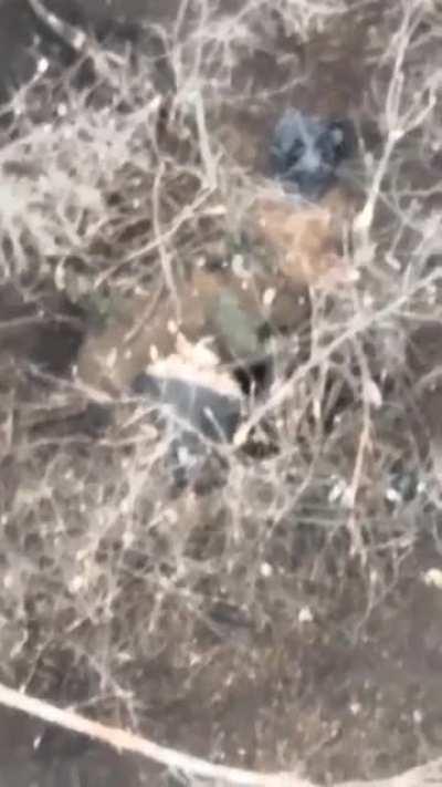 Ukrainian drone takes out a foxhole position of Russian Federation invaders with a munition dropped from above.