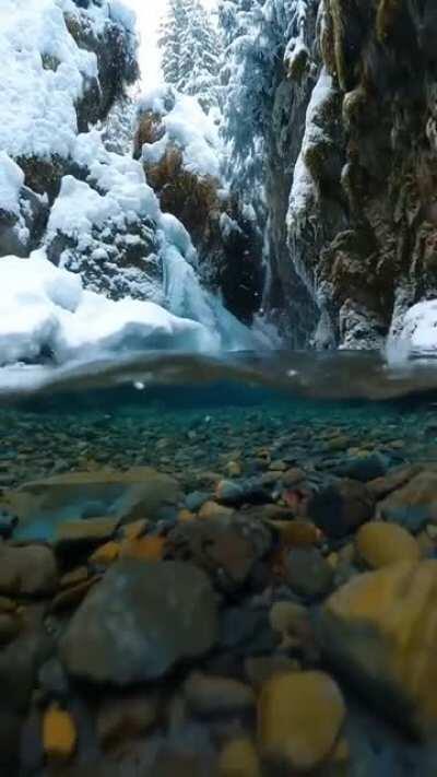 Snowflakes falling gently into water flow