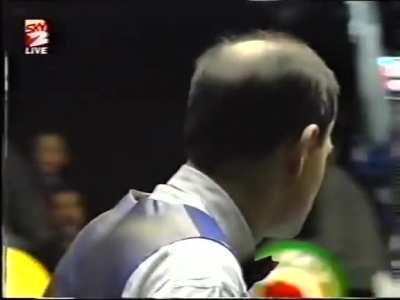 Alex Higgins doing this thing on a pool table