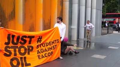 &quot;Just Stop Oil&quot; protesters make a paint mess, while some guy with a power-washer, cleans it up