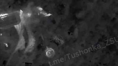 Drone drops grenades on dismounted Russian infantry and in foxholes.