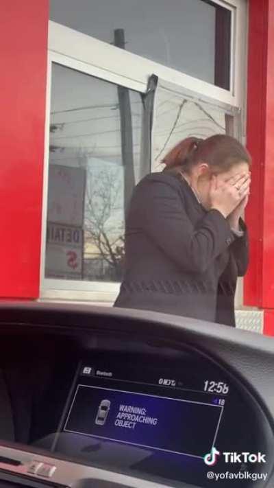 Karen dressed as fancy ms trunchble freaks out in drive through