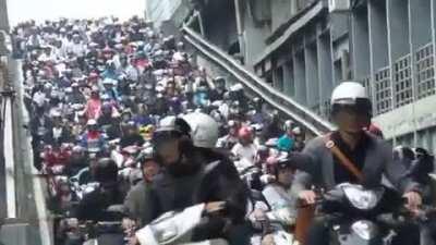 Scooter Traffic During a Morning Rush Hour in Taiwan