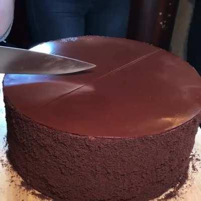 Cutting a slice of 23 layer chocolate cake [640 x 640] [GIF]