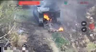 Ukrainian m113 smoking with infantry on fire after fpv drone struck crew compartment trough back door