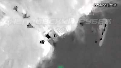 RU POV: Russian drone drops grenades on Ukrainian boat full of soldiers.