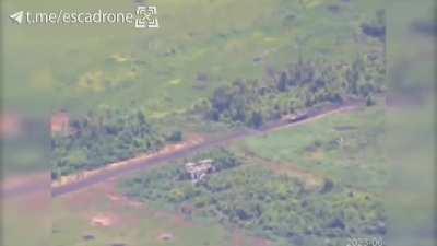 Ukrainian FPV kamikaze drone destroys a Russian armored vehicle, Rivnopil, Donetsk Oblast, June 2023