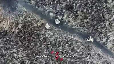 Ukrainian drone drops a munition which hits two Russian soldiers on a field