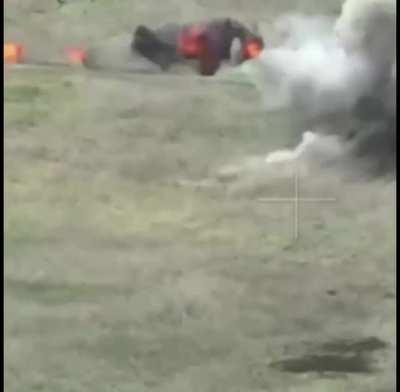 Russian motorcycle assault runs over a mine.